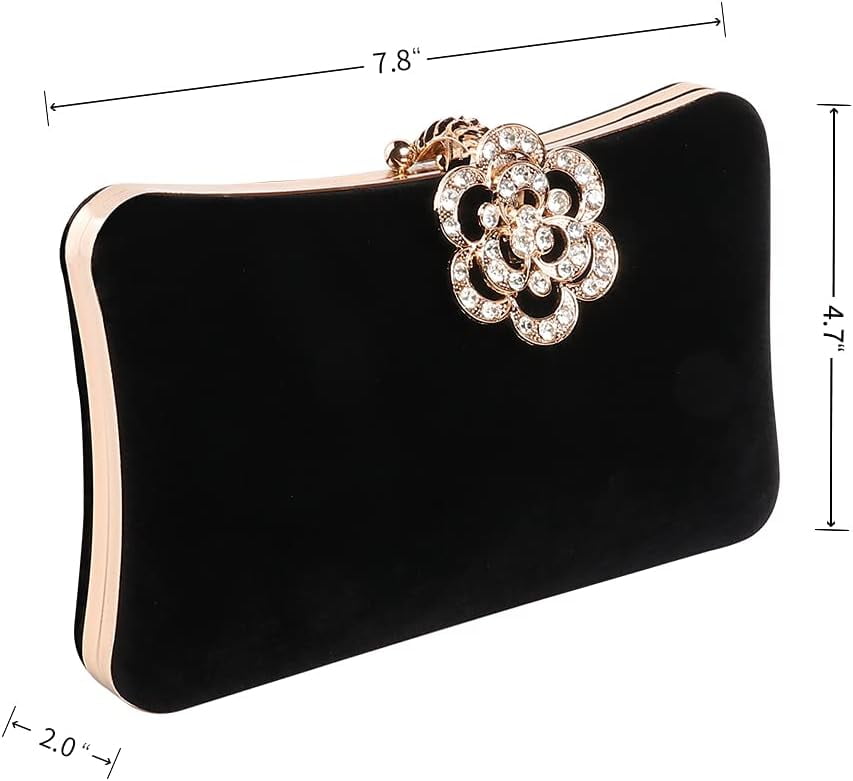 Kwuty Velvet Evening Bags For Women With Flower Closure Rhinestone Crystal Embellished Clutch Purse For Party Wedding