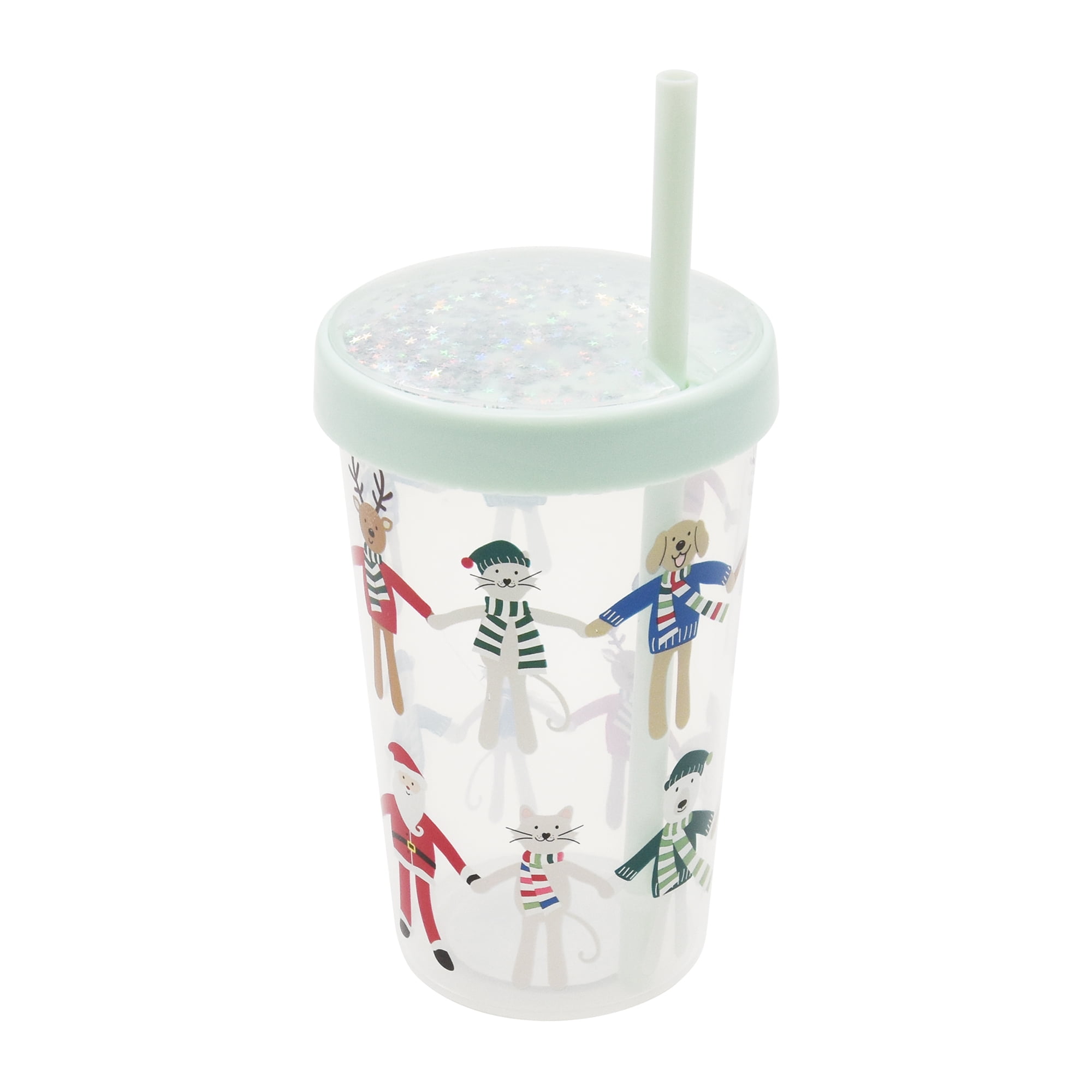 Holiday Time Christmas Santa with Friends Plastic Tumbler with Straw, Blue Glitter Lid, Partyware, <ul><li>Holiday Time Christmas Santa with Friends Plastic Tumbler with Straw, Blue Glitter Lid</li><li>Featuring a cheerful blue design with Santa Claus is holding hands by his friends</li><li>Lightweight and reusable</li></ul>
