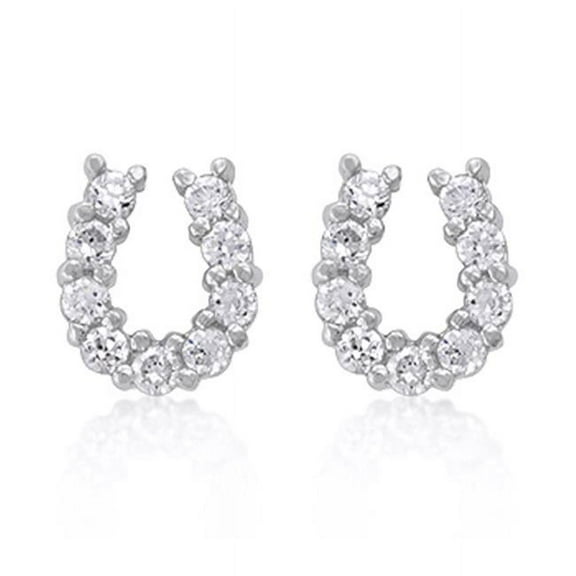 Genuine Rhodium Plated Horseshoe Stud Earrings with Prong Set Round Cut Clear Cubic Zirconia in Silvertone