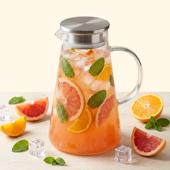 64 oz Pear Borosilicate Glass Pitcher with Rotatable Stainless Steel Lid and Drip-Free Spout,1.8L Hot & Cold Resistant Glass Carafe with Heatproof Handle, Easy to Clean Thickened Glass Jug for Fruit
