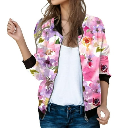 

Hwmodou Womens Casual Jackets Short Sleeve Casual Daily Lightweight Zip Up Casual Floral Print Coat Stand Collar Sports Outwear Zipper Tops Jackets For Women