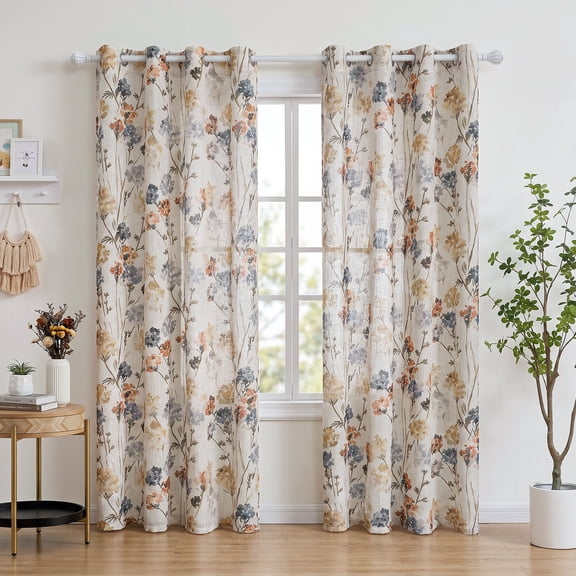 Uledge Yellow Semi Sheer Spring Floral Curtains, Farmhouse 84" Floor Length for Living Room and Dining Room, Grommet, Light Filtering Privacy, 2 Panels