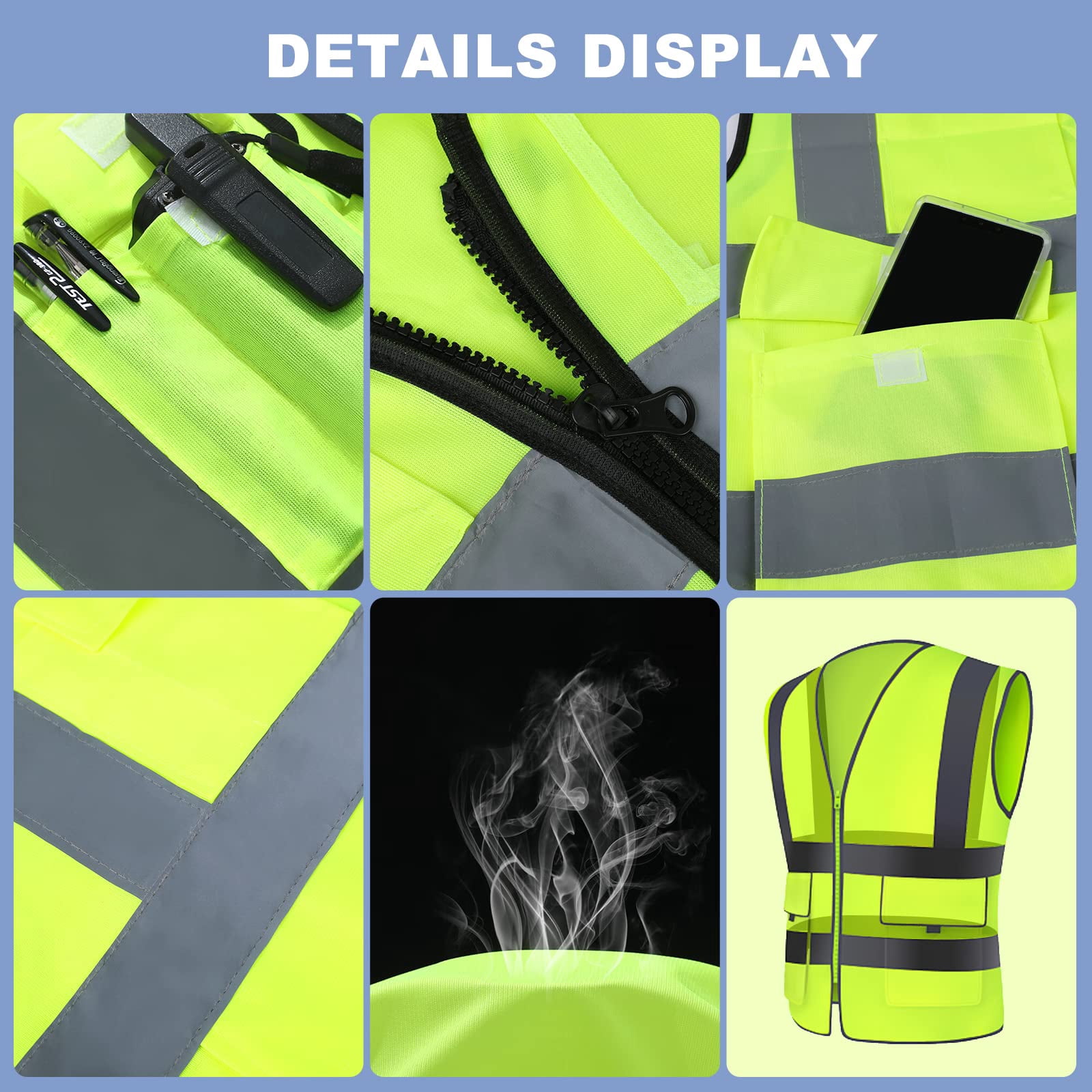 NAISHIER 5 Pockets Class 2 High Visibility Zipper Front Safety Vest With Reflective Strips, Meets ANSI/ISEA Standard, Large, 4Pack