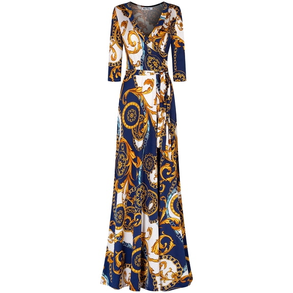 Bon Rosy, Women's, 3/4 Sleeve V-Neck Printed Maxi Faux Wrap Dress, Navy, M