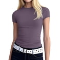 thumbnail image 2 of Womens Stretchy Ribbed High Neck Short Sleeve Gym Workout Slim Fitted Casual Full Length Top T-Shirt Purple L, 2 of 4