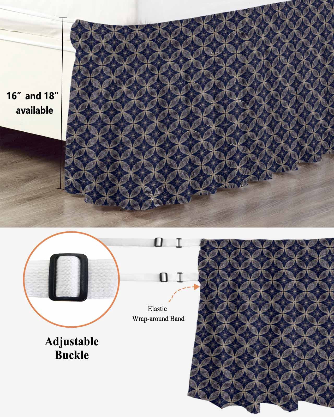 Navy Blue Geometric Bed Skirt Queen Size,Brown Modern Abstract Art Aesthetics Wrap Around Bed Skirting with Adjustable Elastic Strap,Dust Ruffle Pleated Bedskirts 16 Inch Drop for Bedroom Queen Beds