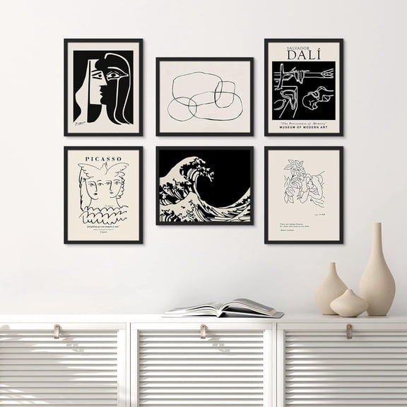 PixonSign Framed Canvas Print Wall Art Set - Kanagawa Japan Black Wave Dali & Humanities Pattern - Set of 6 Abstract Geometric Illustrations Poster Cultural Art Wall Décor - 12"x16"x6 Black