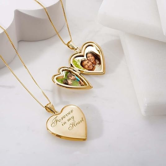 PicturesOnGold Forever In My Heart Locket Necklace for Women That Hold Pictures & Engraving in Personalized Jewelry Gifts for Men & Women Yellow Gold (Locket + 2 Photo + Engraving)