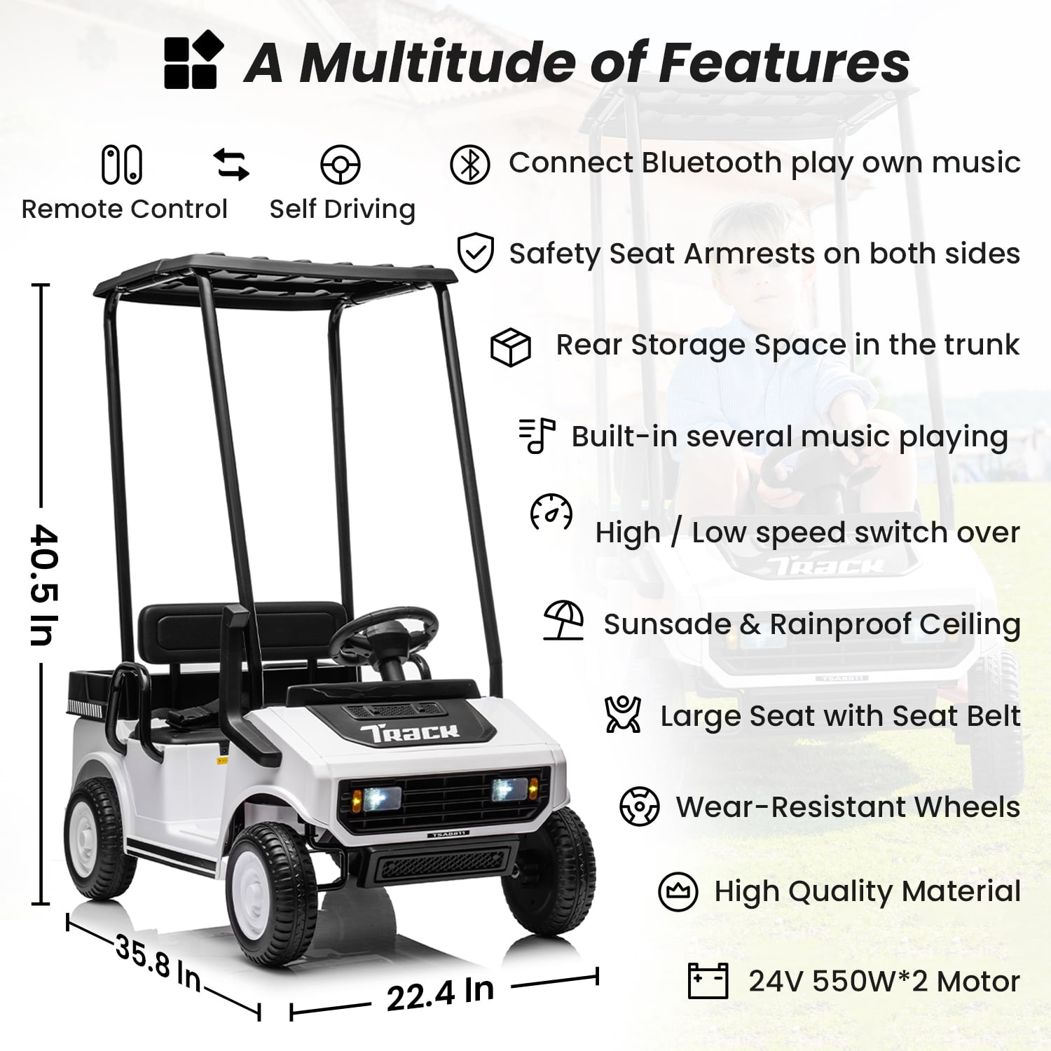 Track 7 24V Ride on Car, Electric Golf Cart with Ceiling, Ride on Truck with Remote Control, Music, Rear Storage Box, Electric Car for Boys Girls Age 3+, 18.5" Large Seat with Armrests, White