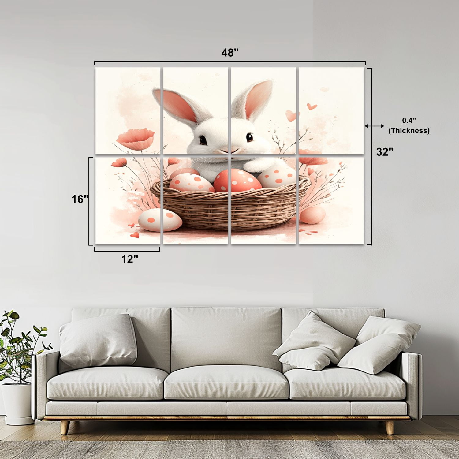 Bunny 8 Pack Art Acoustic Panels Sound Absorbing Bunny Basket Easter Eggs Decorative Soundproof Wall Panels Self Adhesive for Nursery Game Room Girls Bedroom 48"x32"