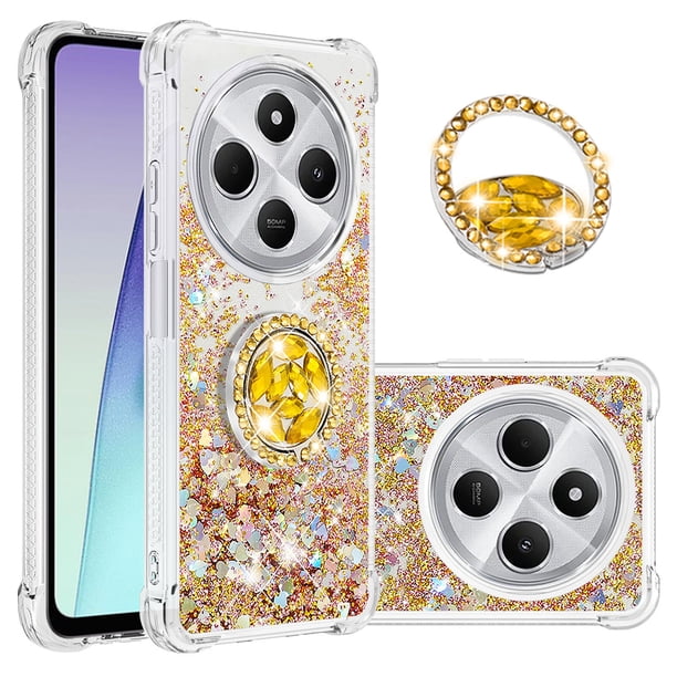 Funda para Xiaomi Redmi 14C con Brillo Líquido Flotante, Purpurina, Parachoques y Anillo Giratorio Soporte