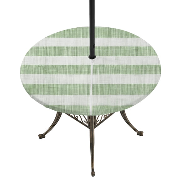 Round Outdoor Tablecloth with Umbrella Hole and Zipper, Sage Green Striped Fitted Table Cover with Elastic Edge for 55-60 Inch, Farmhouse Vintage Stripes Waterproof Patio Tablecoths for Picnic