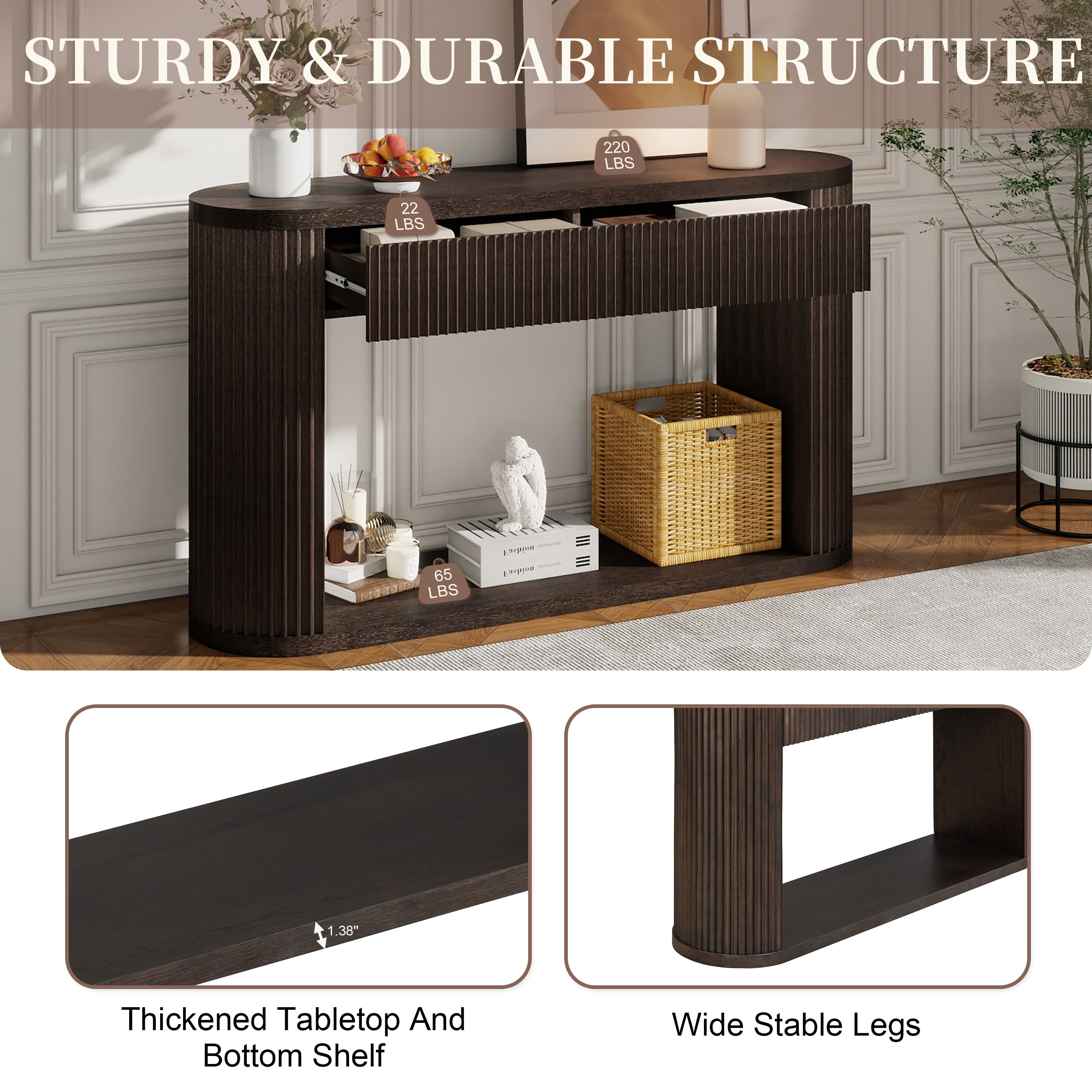 Oval Fluted Console Table with 2 Drawers and Bottom Shelf, Wood Entryway Table with Smooth Metal Slides for Living Room, Entryway