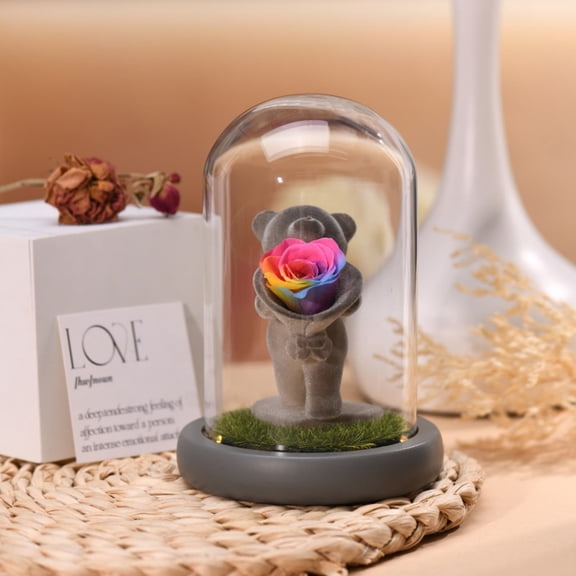 Teddy Bear Preserved Rose Light-Up Glass Dome | LED Eternal Flower Ornament | Romantic Gift for Valentine’s Day, Anniversary, Birthday | 8.7" Tall