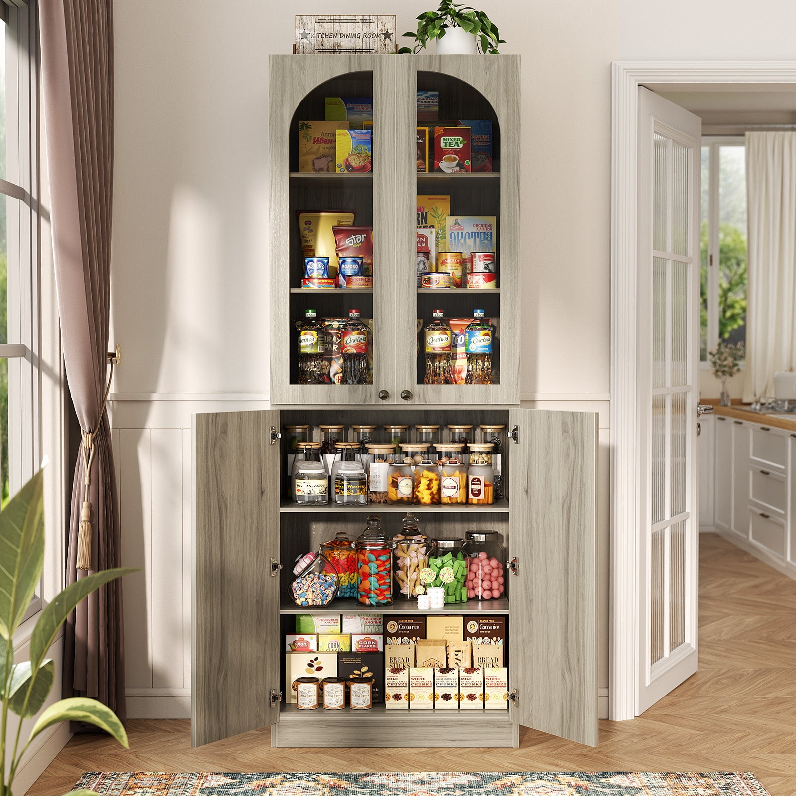 Homieasy 80'' Tall Pantry Storage Cabinet with Glass Doors, 6-Tier Floor Standing Cupboard with Adjustable Shelves for Kitchen, Dining Room, Wash Gray