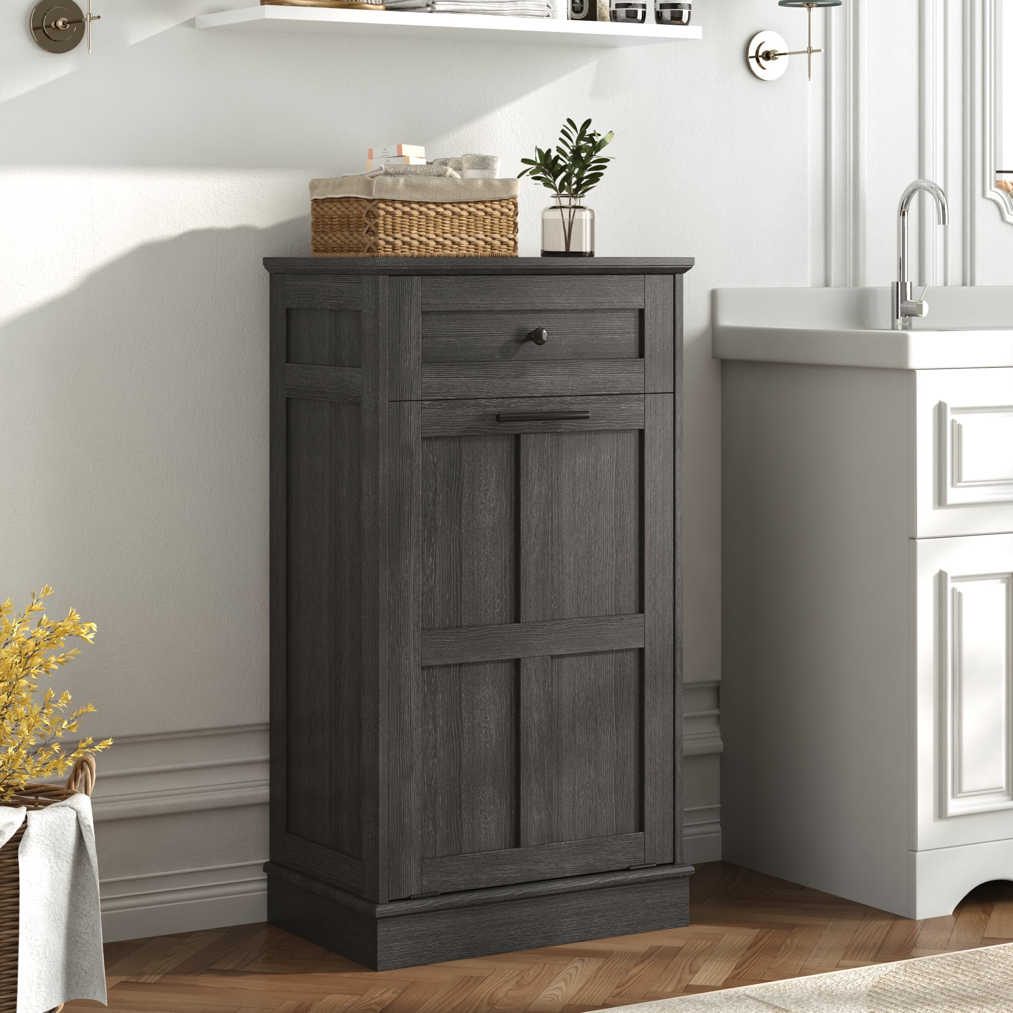 Blotout Kitchen Tilt Out Trash Cabinet, Hidden Wooden Trash Can with Drawer, Pet Proof Freestanding Kitchen Recycling Cabinet for Kitchen, Kitchen, Living Room