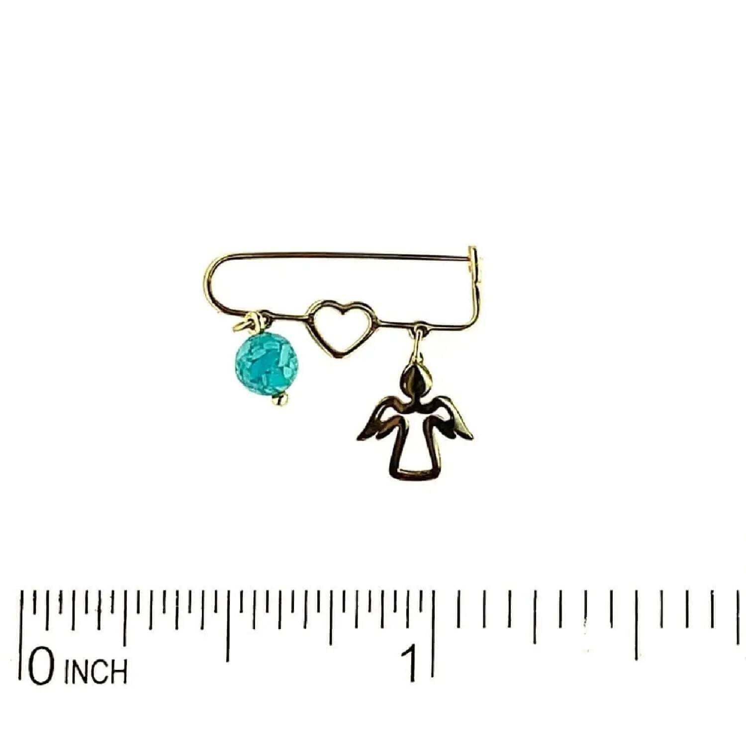 18K Yellow Gold Open Heart Pearl or Turquoise and Open Angel Safety Pin Brooch