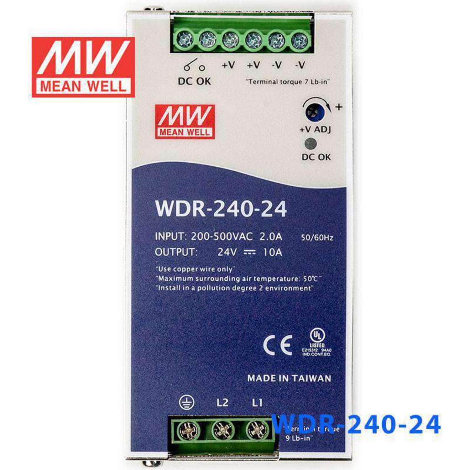 Mean Well WDR-240-24 Single Output Industrial Power Supply 240W 24V - DIN Rail