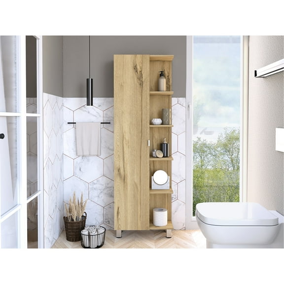 Freestanding Linen Cabinet - Oak, 5  Shelves, 1 Door, Modern Bathroom With Adjustable Interior Shelves Door For Space Optimization