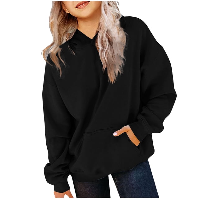 MKOSPLRT Kid's Hoodies Long Sleeve Oversized Sweatshirts Basic Solid Color Pullover Loose Fit Drop Shoulder Sweat Shirts with Pocket