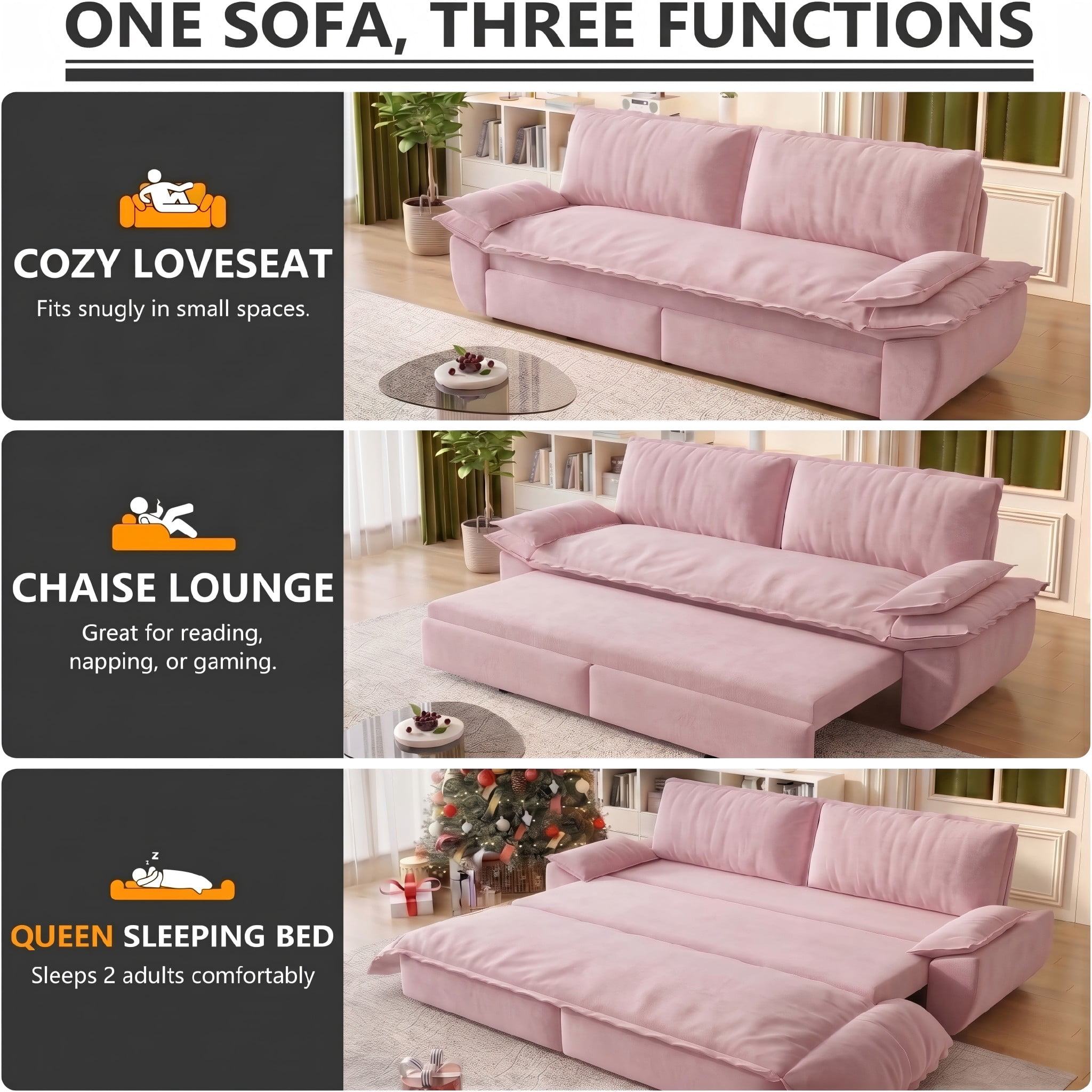 Multi-Functional Velvet 3-in-1 Convertible Sofa Bed, Queen Size Sleeper Loveseat with 2 Pillows, Pink