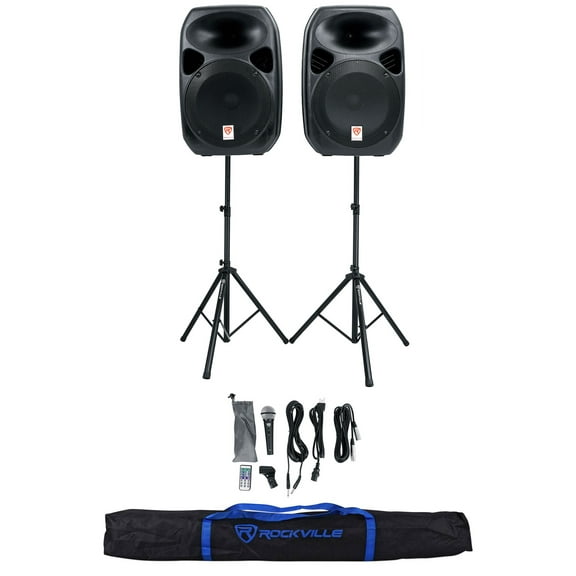 Rockville RPG122K Dual 12" Speakers w/ Bluetooth Mic Speaker Stands Cables Bag
