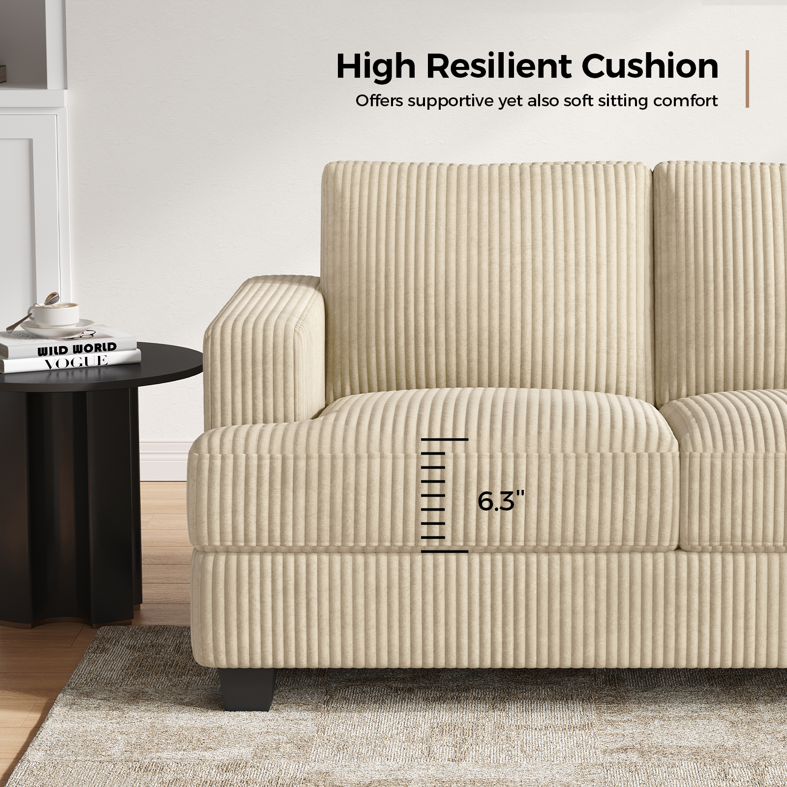 BLAZANT 89" Extra Deep Seats Oversize, Wide Corduroy Fabric 3 Seater Sofa for Living Room, Modern Couch and Sofa, Comfy Armrests and Seats and Backrests, Easy Installation,Beige