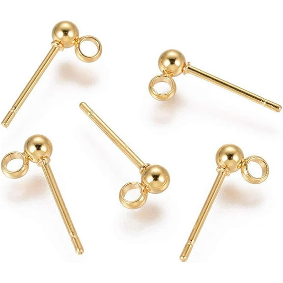 20Pcs Ball Post Stud Earring Findings Stainless Steel Ear Stud with Vertical Loops 3mm Round Golden Ball Earring Posts for DIY Jewelry Earring Making