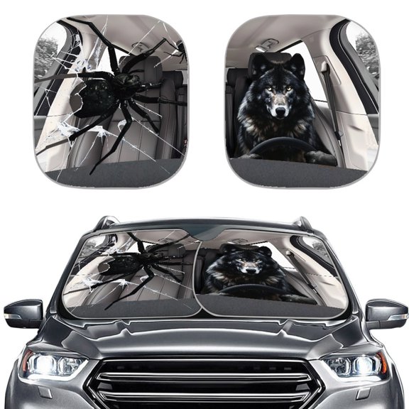 Uourmeti Polyester Windshield Sun Shade for Car Heat Insulation Protection Easy Setup Car Windshield Sun Shade Spider Wolf Prank