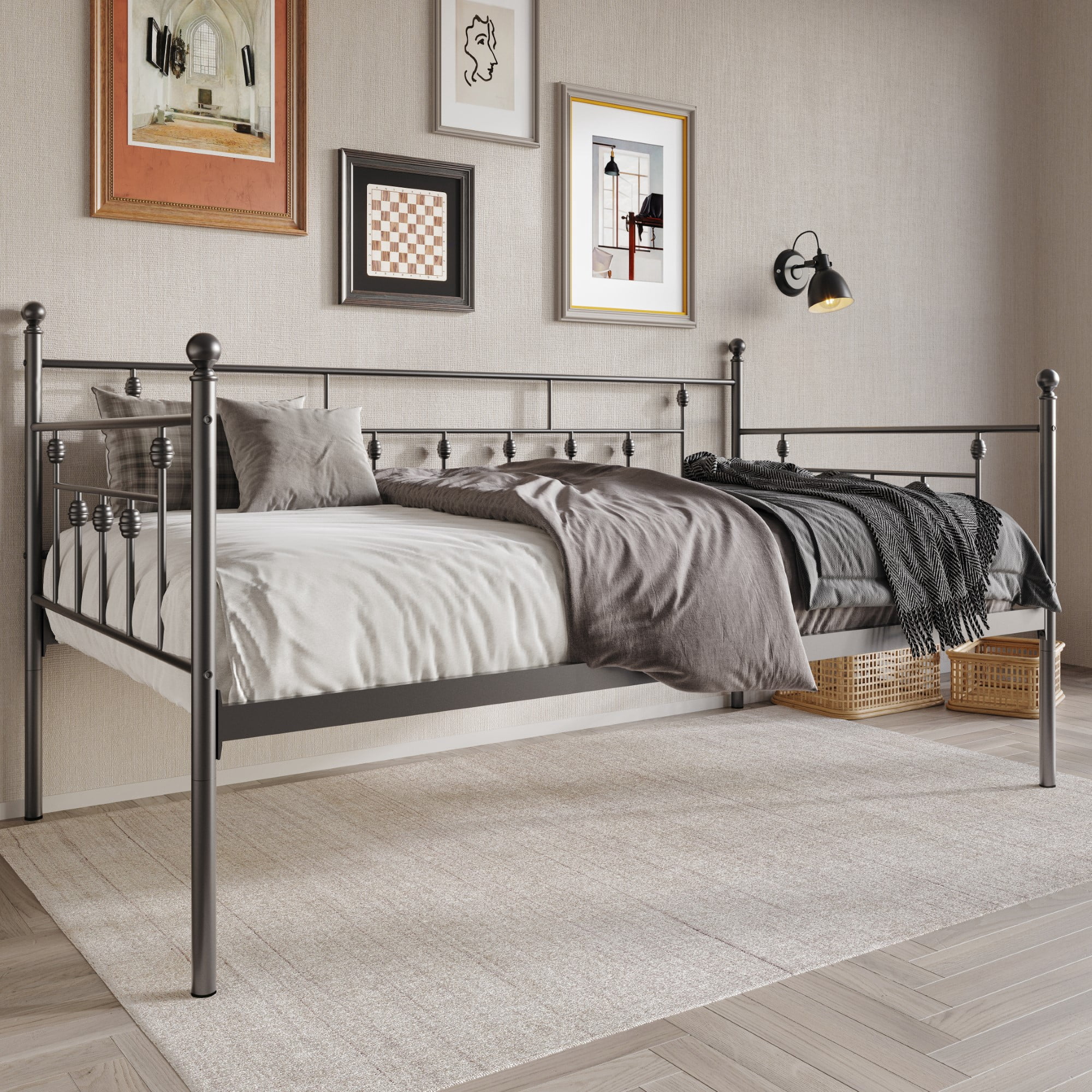 Home Design Aine Twin Metal Daybed with Victorian-Style Frame, Rounded Finials, Durable Slats, Stylish and Functional for Bedroom or Guest Room, Black