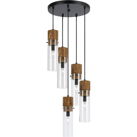 

Pendants 5 Light Fixture With Black and Wood Finish Wood/Glass Material E12 15 300 Watts