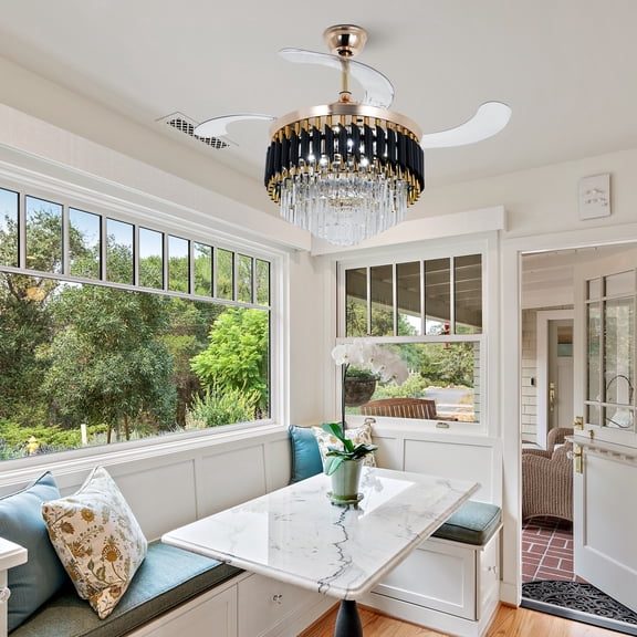 LUOLAX 42" Gold Crystal Ceiling Fan Chandelier with Remote - Invisible ABS Blades, 5000 CFM Airflow, LED Light for Luxury Living Rooms