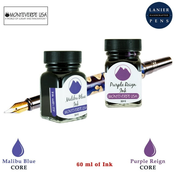 Monteverde 60ml Core Fountain Pen Ink Bottle (30ml Malibu Blue Ink Bottle G309MU, 30ml Purple Reign Ink Bottle G309PR)