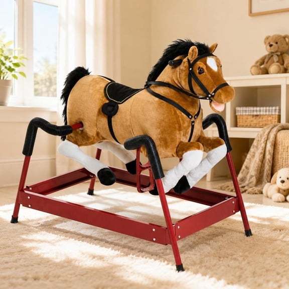 Plush Spring Horse Rocker, with electronic neighing sounds and stable metal frame, designed for ages 3 and up