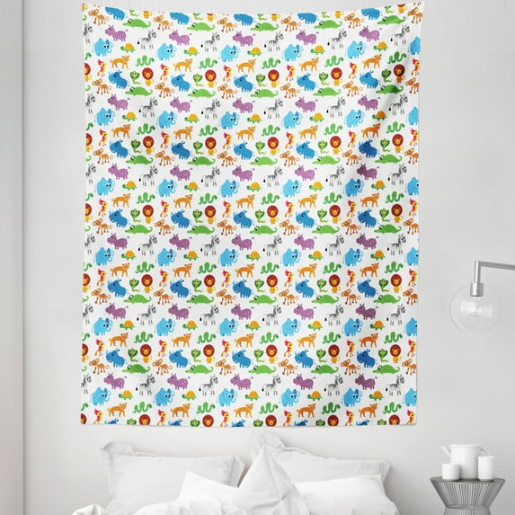 Animal Tapestry, Repetitive Zoo Themed Pattern with Fauna Cartoon on Plain Backdrop Print, Fabric Wall Hanging Decor for Bedroom Living Room Dorm, 5 Sizes, Multicolor, by Ambesonne