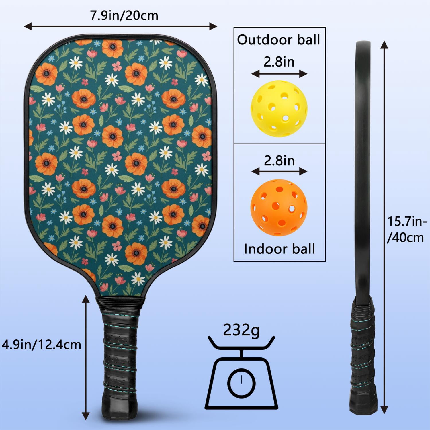 Pickleball Paddles Set,Pioneer Flower Floral Print Pattern Fiberglass Surface Pickleball Racket Set with 2 Indoor Outdoor Pickleball Balls and Pickleball Bag,Pickle-ball Equipment