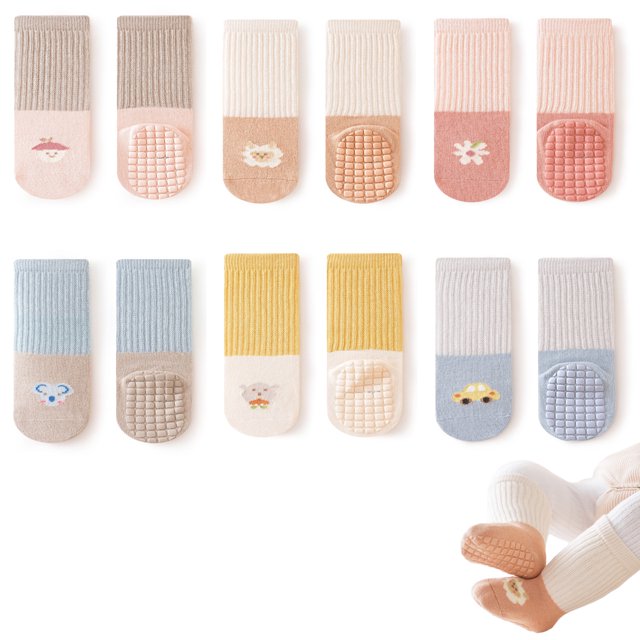 6 pares de calcetines antideslizantes para bebés, calcetines para niños pequeños con agarraderas, calcetines con suela antideslizante para niños