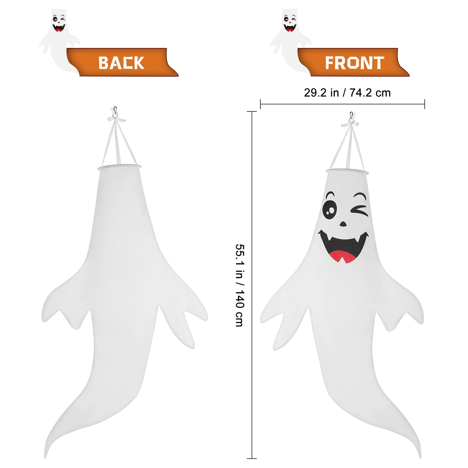 STOBOK Halloween Wind Socks 74.2x140cm 2Pcs Halloween Ghost Hanging Decoration for Home Yard Outdoor Decor with 2Pcs String Lights