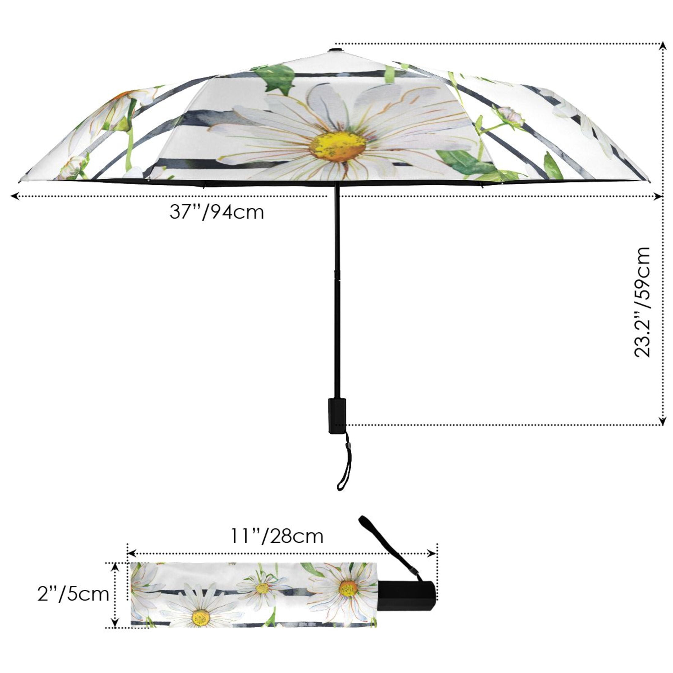 Daisy Flower on Black White Stripes Compact Sun Umbrella Windproof Travel Umbrellas for Rain Strong Portable UV Protection