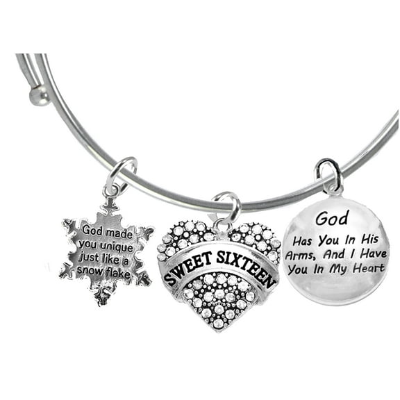God Made You Unique, Austrian Crystal Sweet Sixteen, God Has You In His Arms,I Have You In My Heart Charms, Adjustable Miracle Wire Bracelet Fits Everyone.  What A Great Gift For Someone You Love.