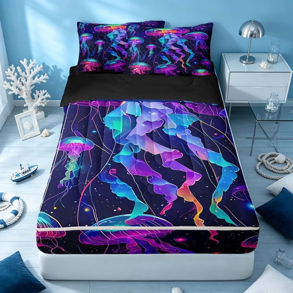 Erosebridal Ocean Jellyfish Zipper Twin Comforter Sets with Fitted Sheet and 2 Pillowcases, Sea Animal Zipper Bedding Set, Black Reversible
