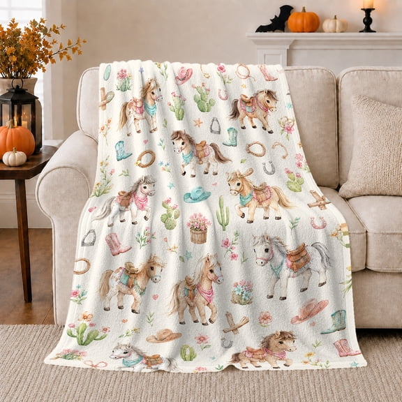 Whimsical Western Pony decorative motif Watercolor, Playful Botanical Garden Scene, Warm Flannel Blanket for Sunroom and Reading Nook, Garden Lovers Housewarming Gift, Rustic Home Decor