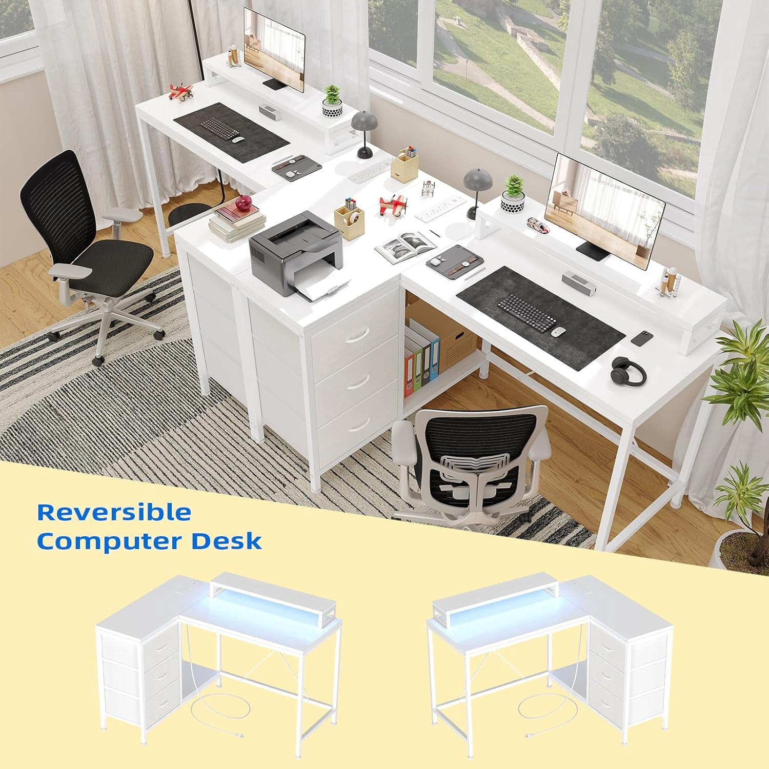 43" L-Shaped Computer Desk with 4 Power Outlets and 7-Color Led Lights, 3-Drawer Gaming Desk
