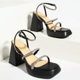 thumbnail image 3 of Pmoiste Chunky Heels for Women Rhinestone Open Toe Buckle Ankle Strap Block Heels Wedding Dress Prom Platform High Sandals Shoe Black Size 6, 3 of 10