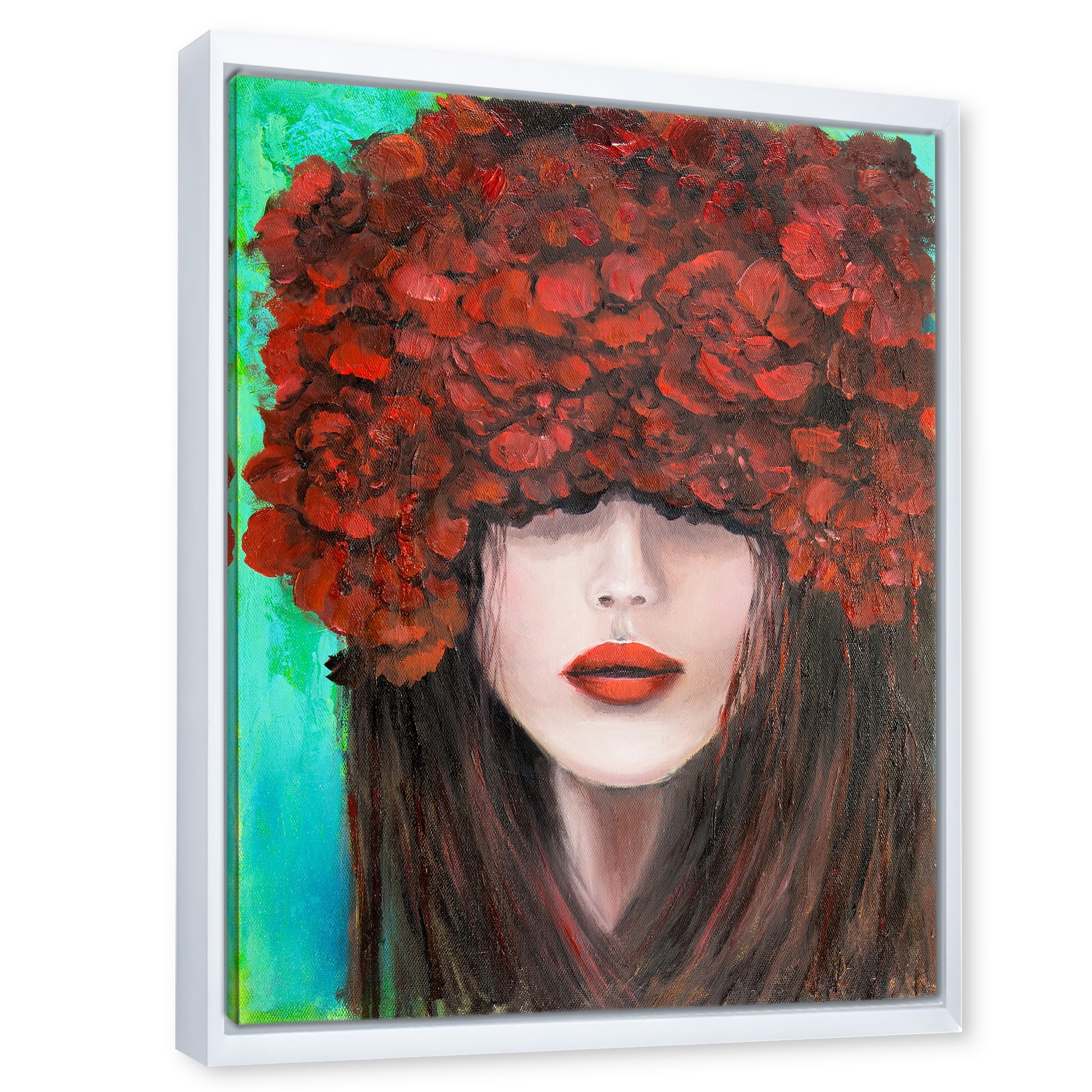 Designart 'Portrait Of A Young Lady With Red Flowers' Modern Framed Canvas Wall Art Print
