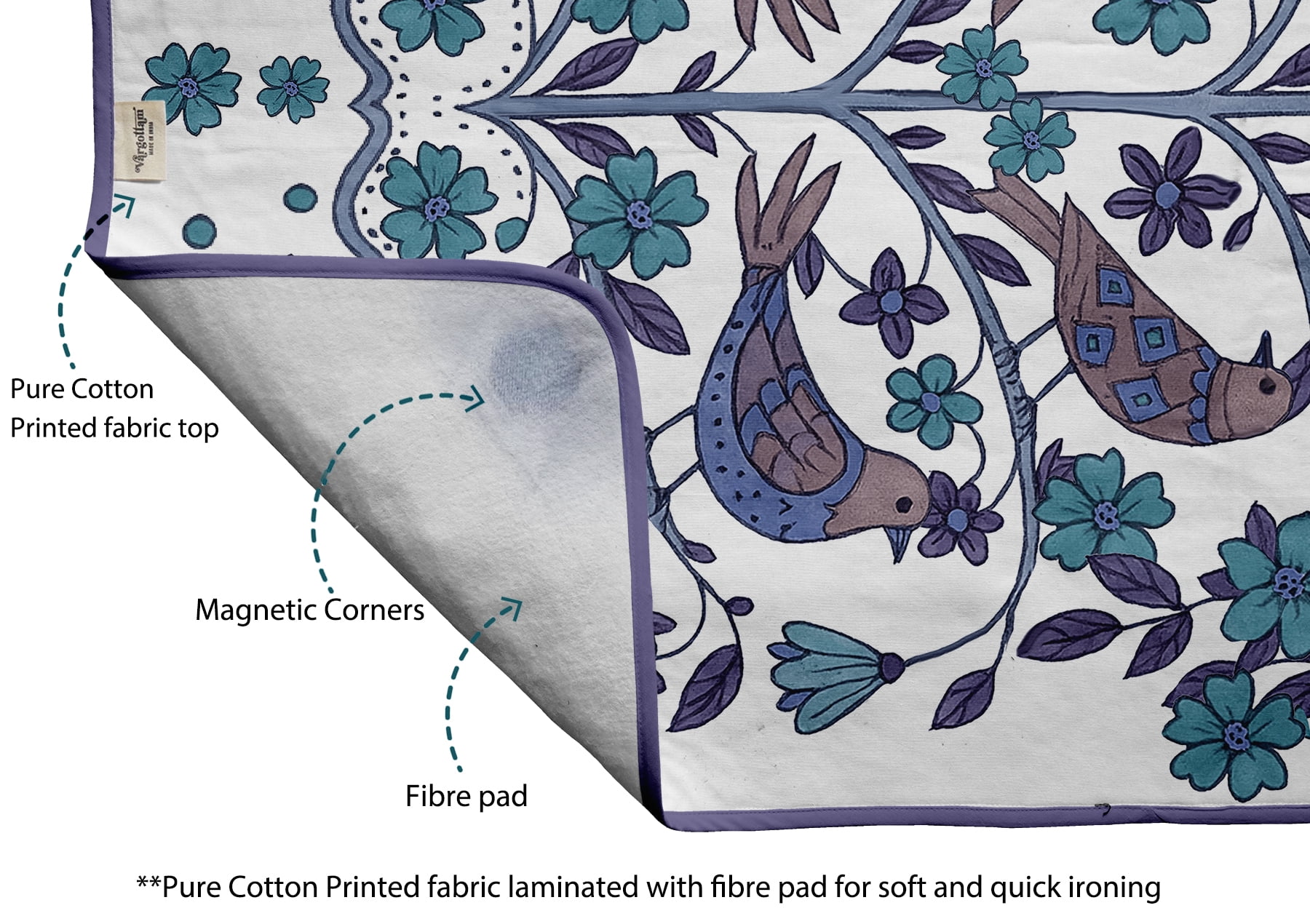 Vargottam Portable Ironing Mat - 28"x48" Foldable Cotton Ironing Pad with Silicone Rest & Magnetic Corners - Travel-Friendly, Space-Saving Iron Board Alternative for Small Homes, Dorms, RVs - Bird