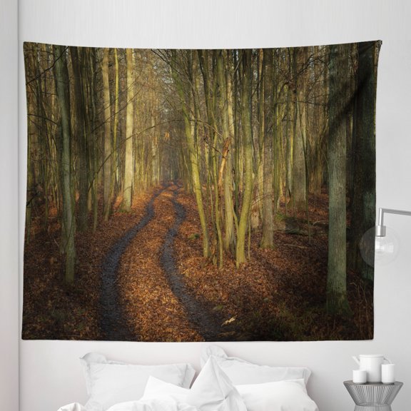 Landscape Tapestry, Autumn Forest Alley Leafless Bare Branches Season Change Fall Woodland, Fabric Wall Hanging Decor for Bedroom Living Room Dorm, 5 Sizes, Ginger Green Brown, by Ambesonne