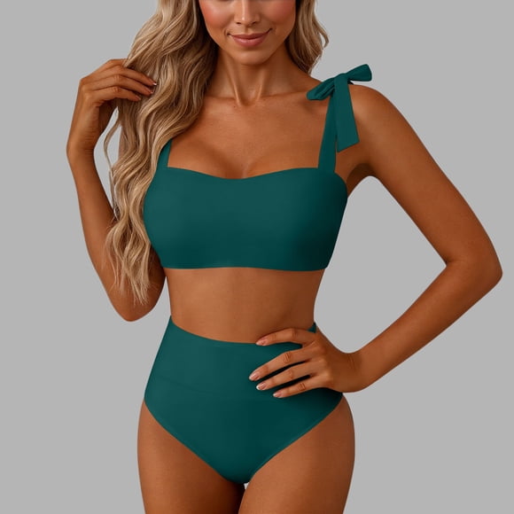 Trajes de baño para mujer, traje de baño de bikini de tirantes sin espalda de color liso para mujer, conjunto de bikini con bloques de color y hombros descubiertos, trajes de baño para mujer, trajes d