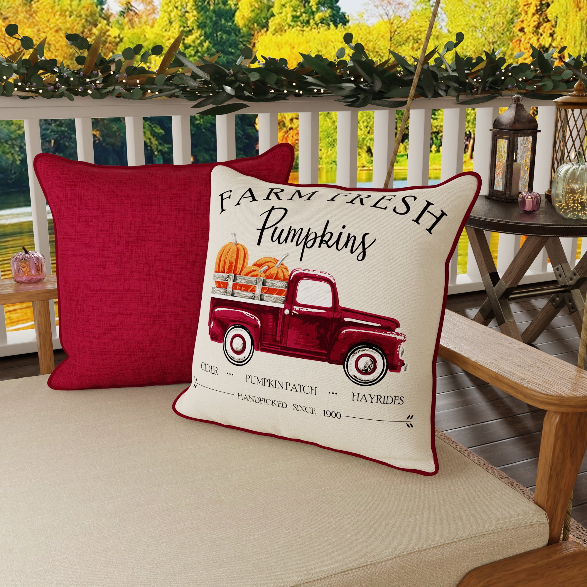 Mainstays Farm Fresh Pumpkin Truck Reversible Outdoor Throw Pillow, 16", Cream Novelty and Merlot Solid