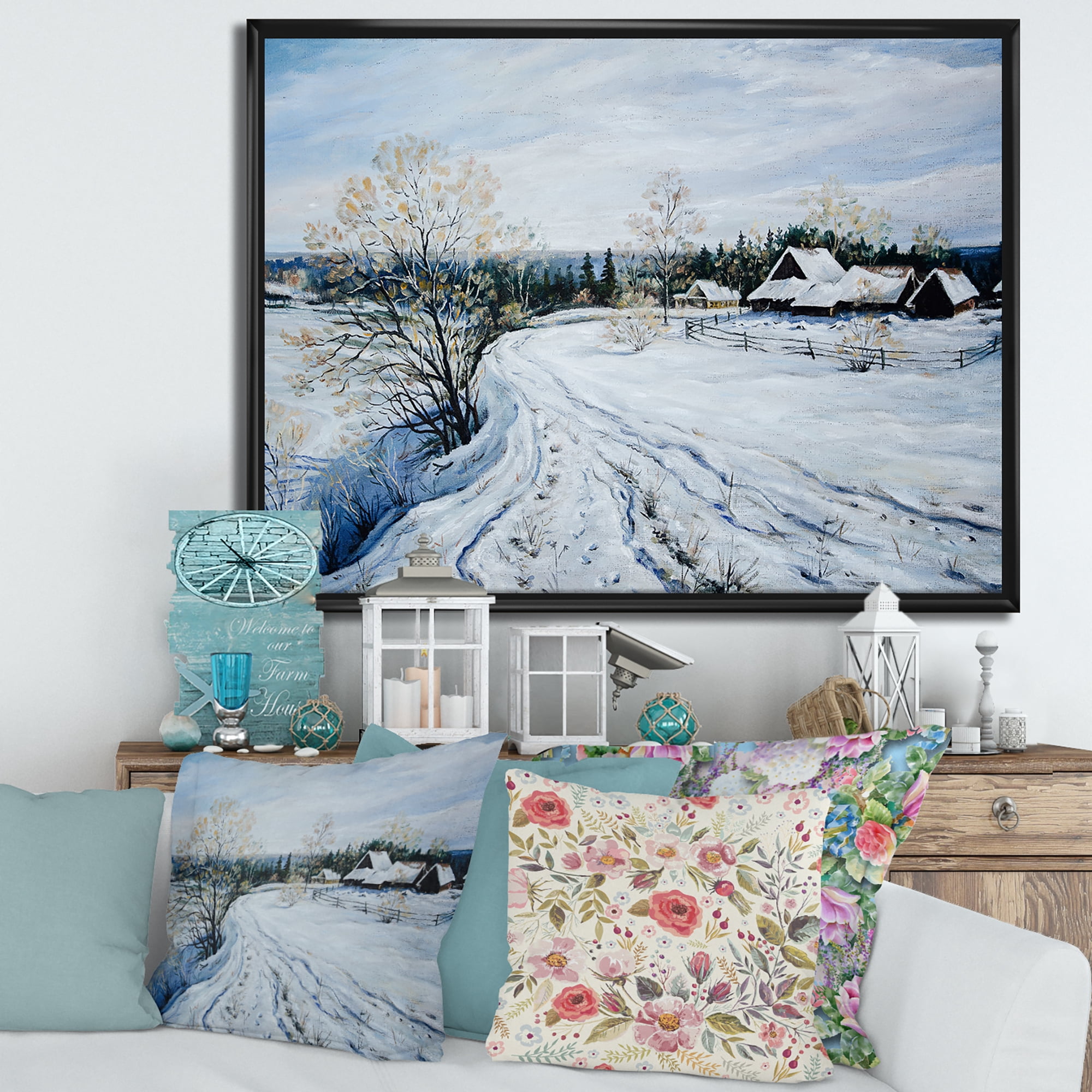 Designart 'Country Road In Winter Times Landscape II' Traditional Framed Canvas Wall Art Print